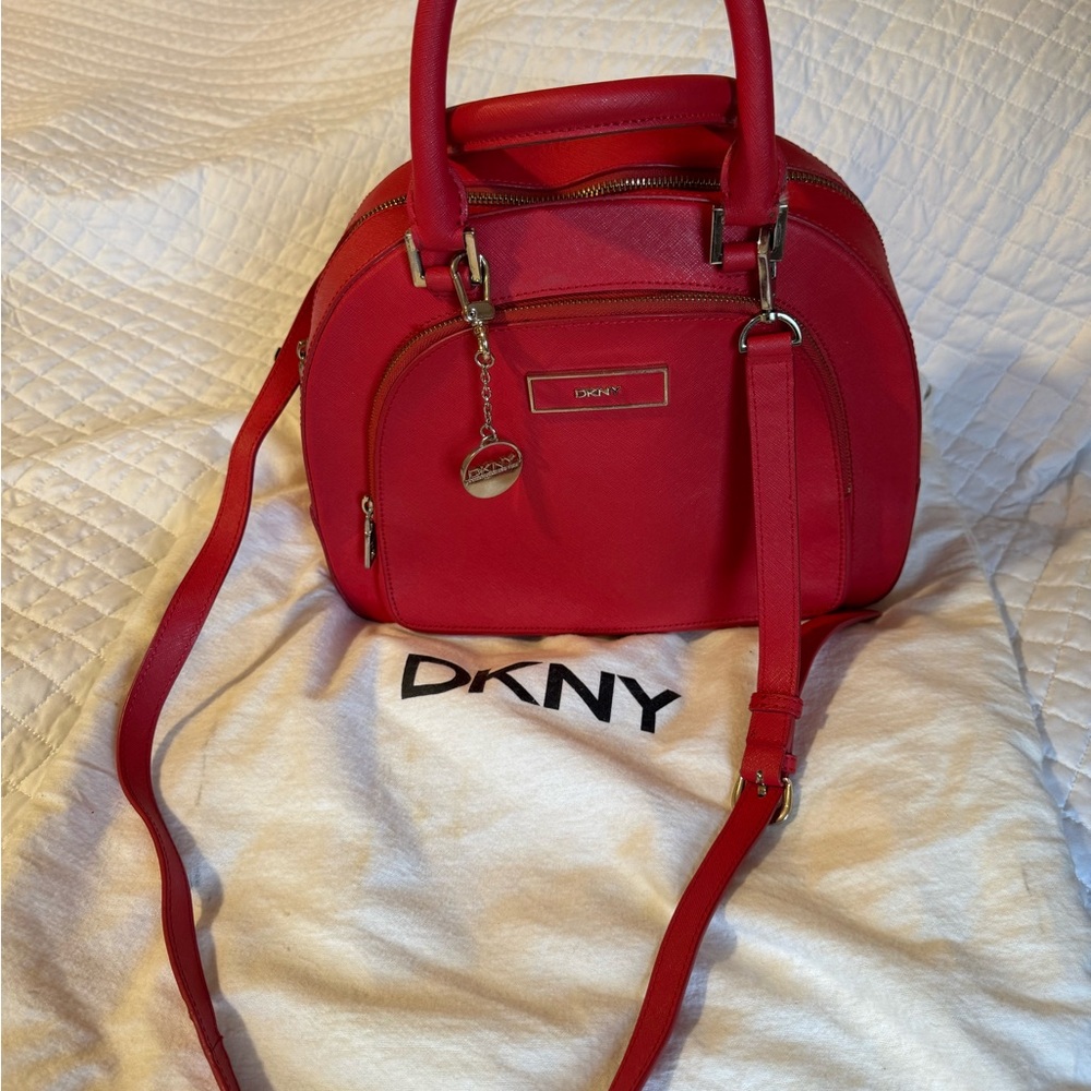 DKNY Red Leather Dome Satchel with Detachable Strap